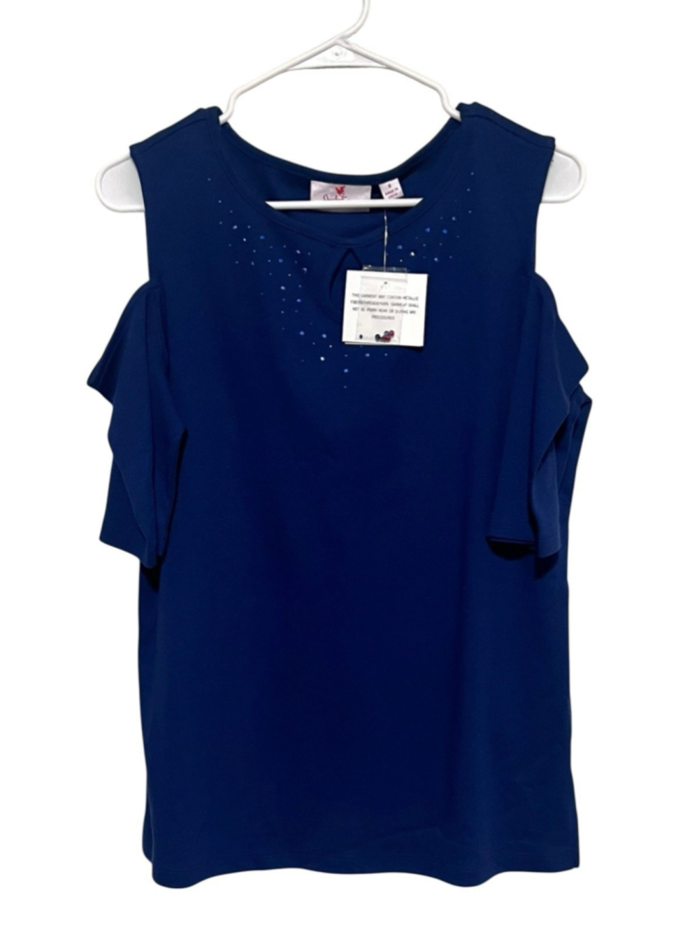 NWT Quacker Factory Rhinestone Embellished Top Women’s Small Blue Cold Shoulder